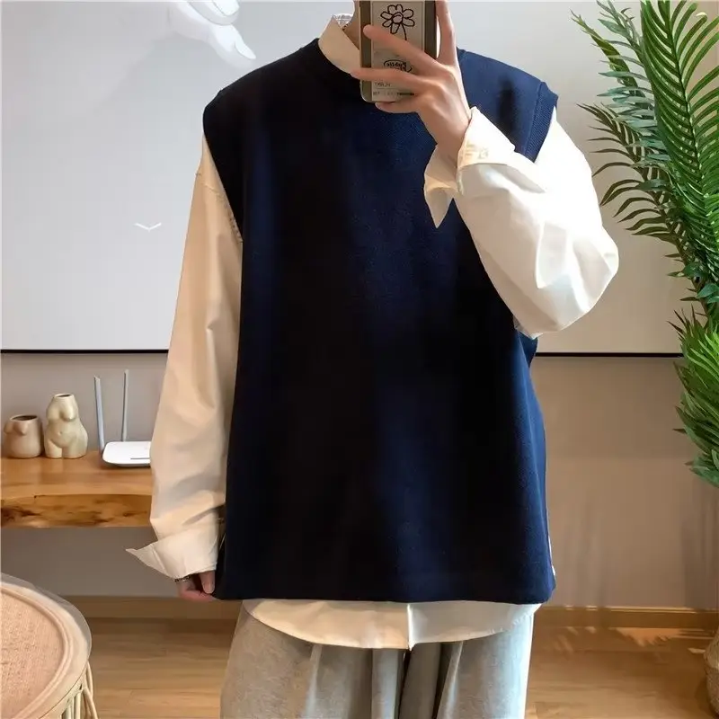 Men's Knitted Sleeveless Vest Navy White Long Sleeve Top - Image 4