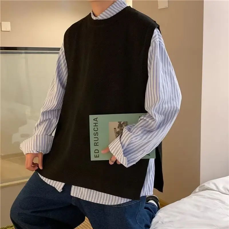 Men's Knitted Sleeveless Vest Navy White Long Sleeve Top - Image 2