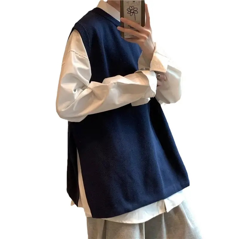 Men's Knitted Sleeveless Vest Navy White Long Sleeve Top - Image 6