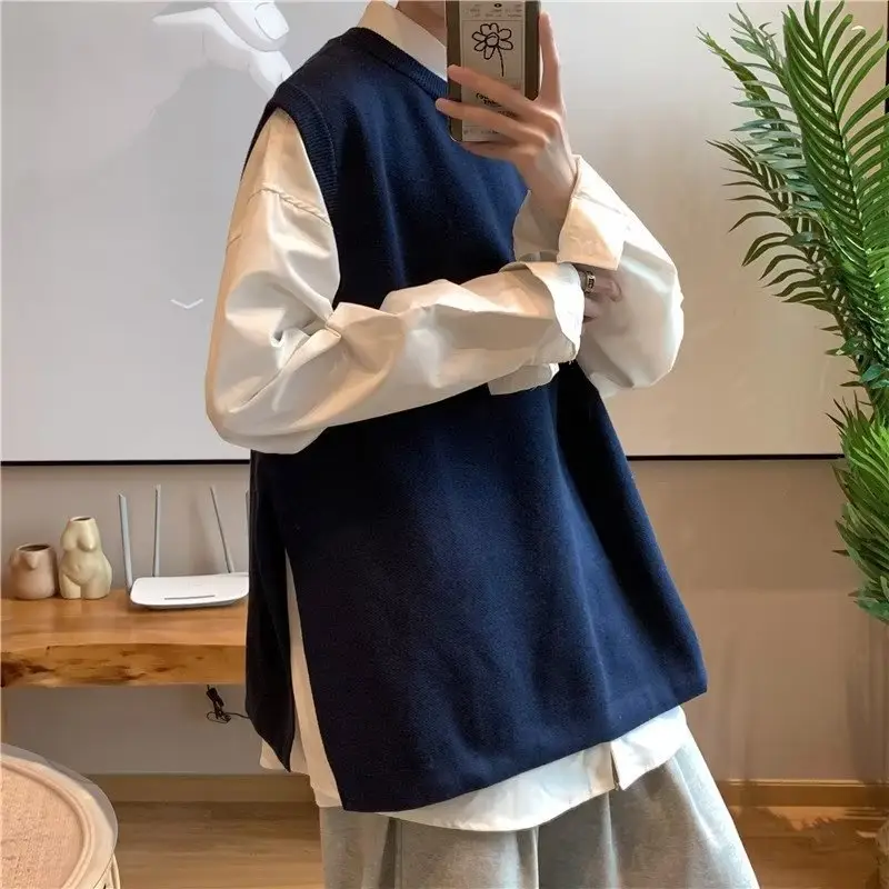 Men's Knitted Sleeveless Vest Navy White Long Sleeve Top — feature 21