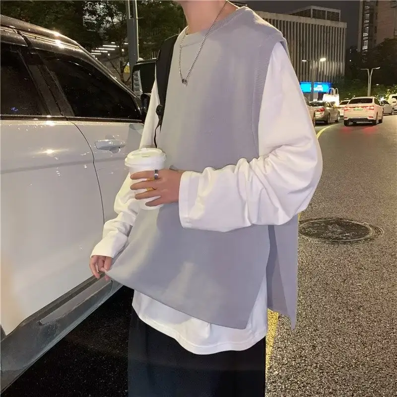 Men's Knitted Sleeveless Vest Navy White Long Sleeve Top — feature 23