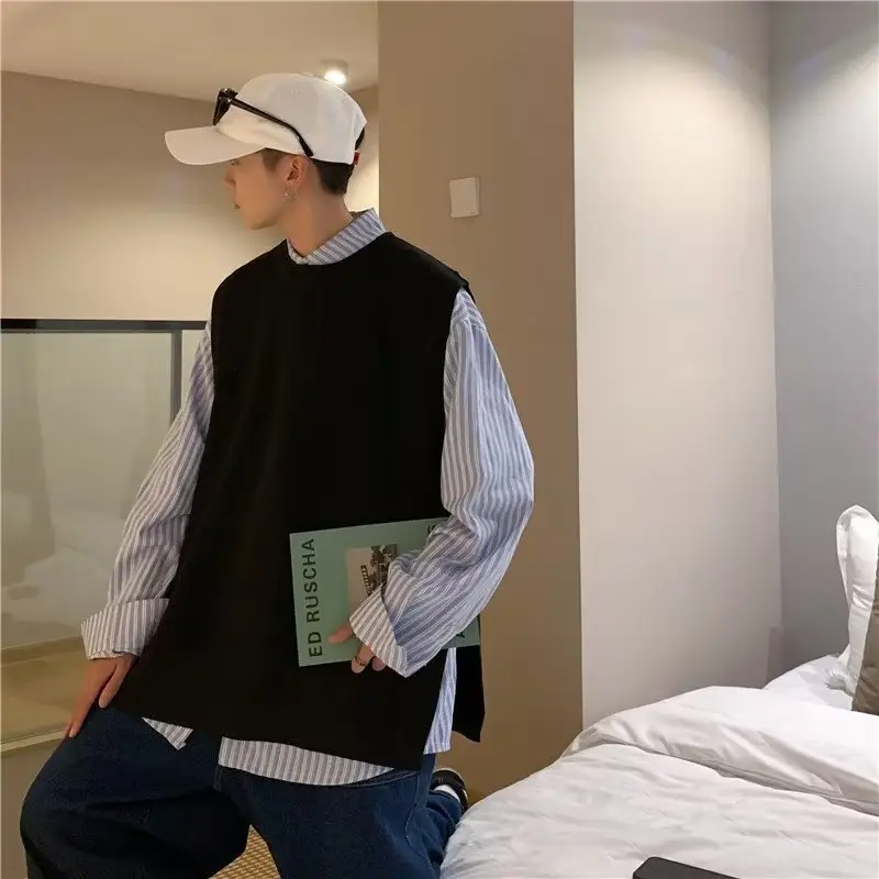 Men's Knitted Sleeveless Vest Navy White Long Sleeve Top — feature 30