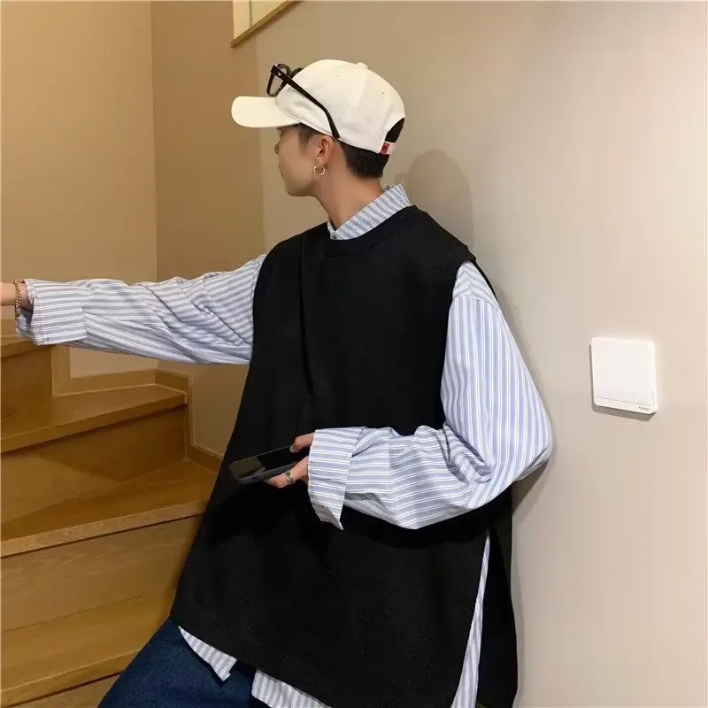 Men's Knitted Sleeveless Vest Navy White Long Sleeve Top — feature 32