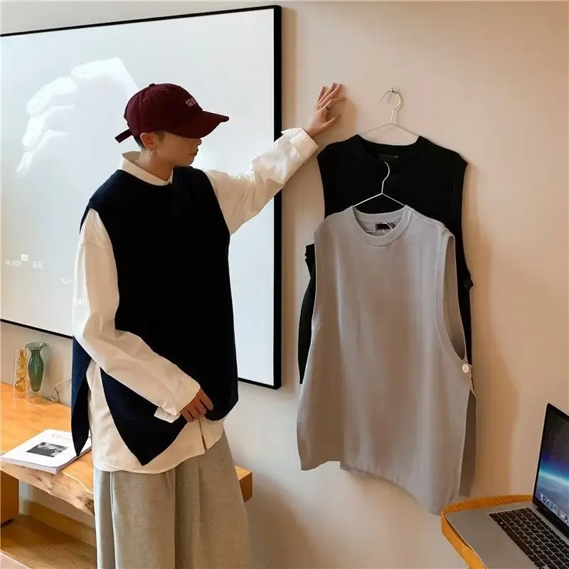 Men's Knitted Sleeveless Vest Navy White Long Sleeve Top — feature 33