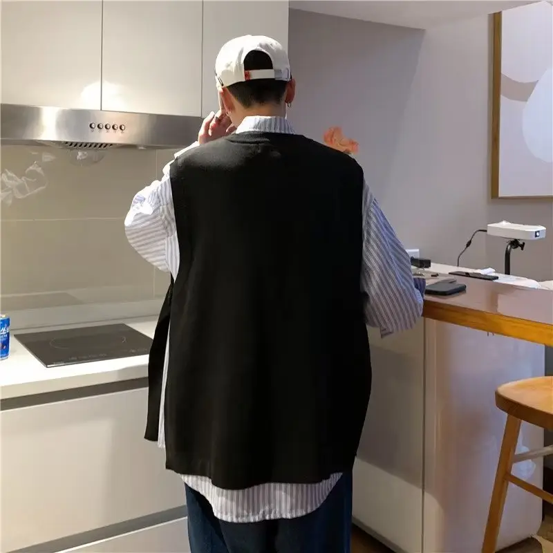 Men's Knitted Sleeveless Vest Navy White Long Sleeve Top — feature 34