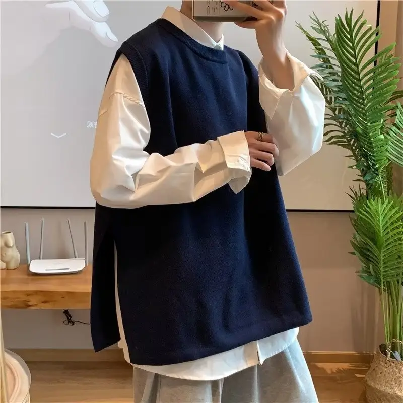 Men's Knitted Sleeveless Vest Navy White Long Sleeve Top — feature 35
