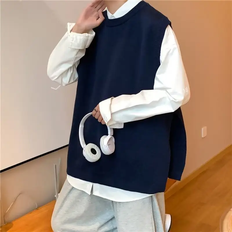 Men's Knitted Sleeveless Vest Navy White Long Sleeve Top — feature 36