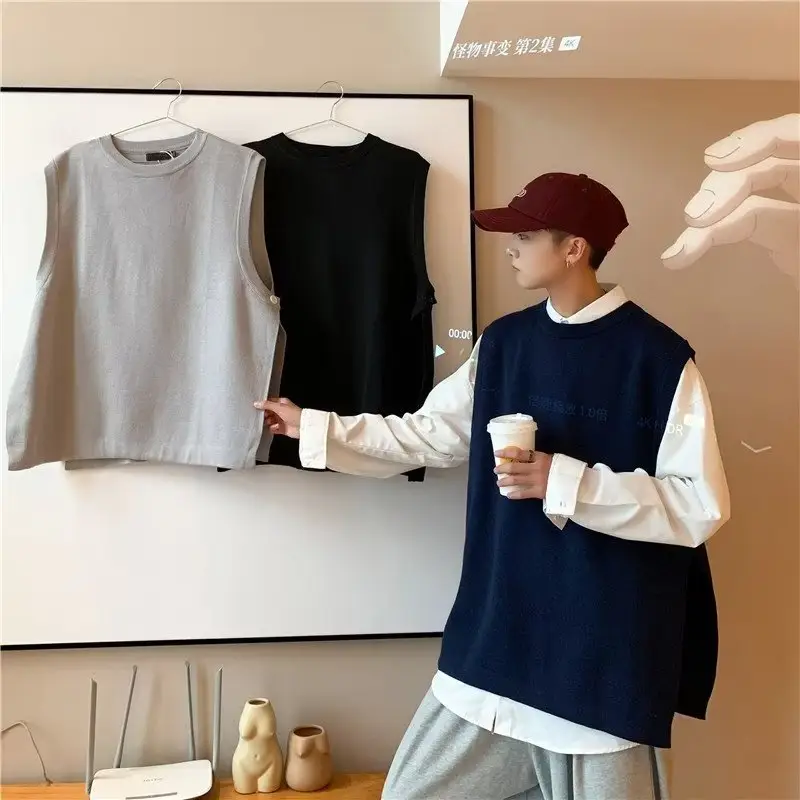 Men's Knitted Sleeveless Vest Navy White Long Sleeve Top — feature 37