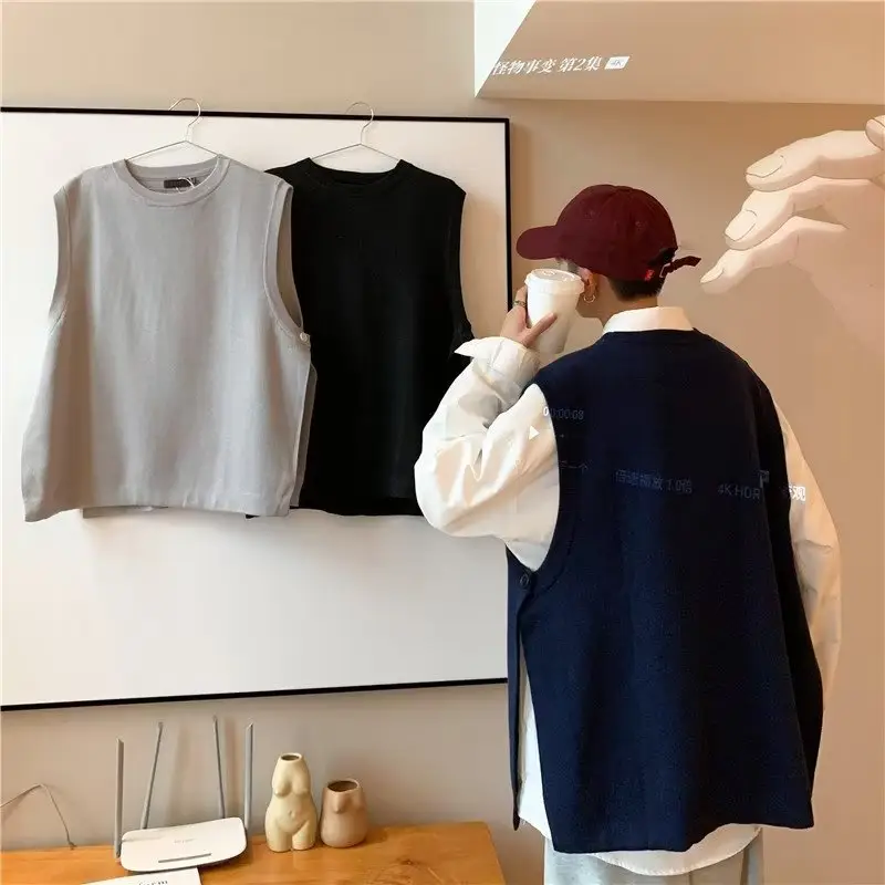 Men's Knitted Sleeveless Vest Navy White Long Sleeve Top — feature 38