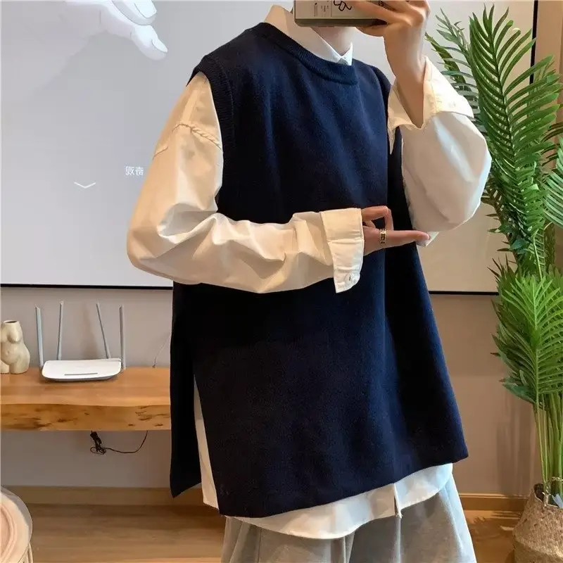 Men's Knitted Sleeveless Vest Navy White Long Sleeve Top — feature 39
