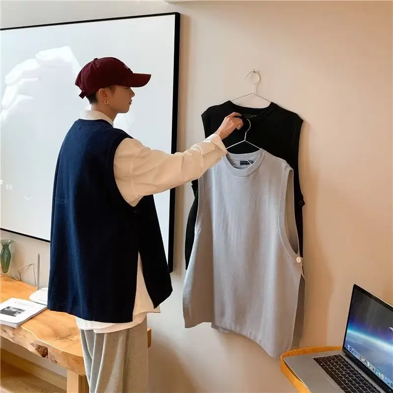 Men's Knitted Sleeveless Vest Navy White Long Sleeve Top — feature 40