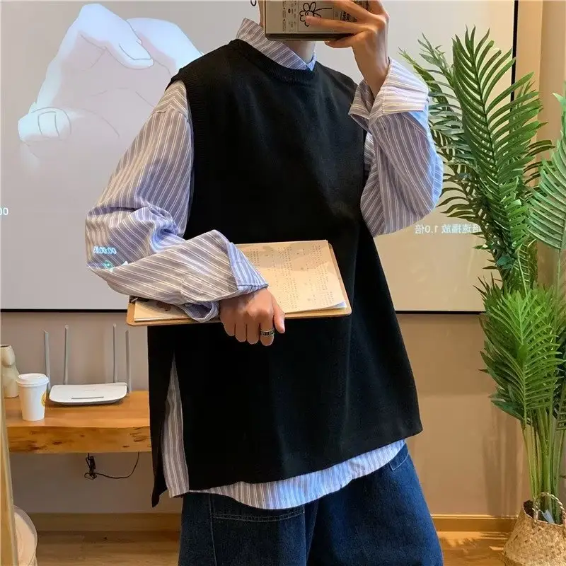 Men's Knitted Sleeveless Vest Navy White Long Sleeve Top — feature 41
