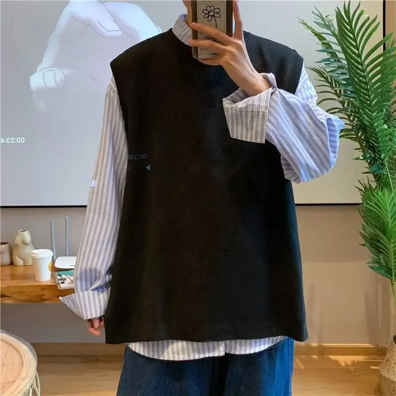 Men's Knitted Sleeveless Vest Navy White Long Sleeve Top — feature 43