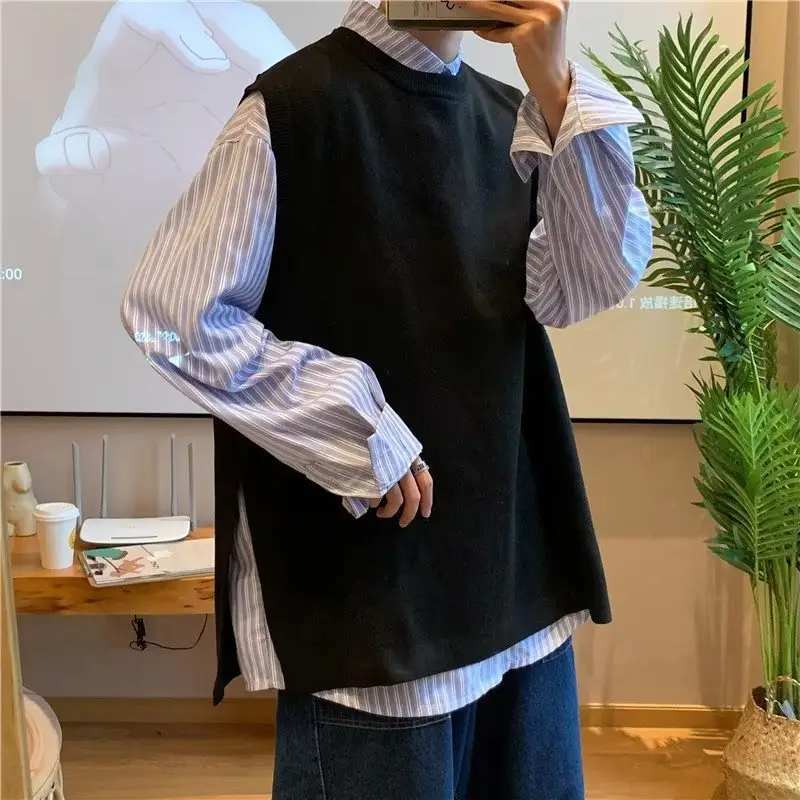Men's Knitted Sleeveless Vest Navy White Long Sleeve Top — feature 44