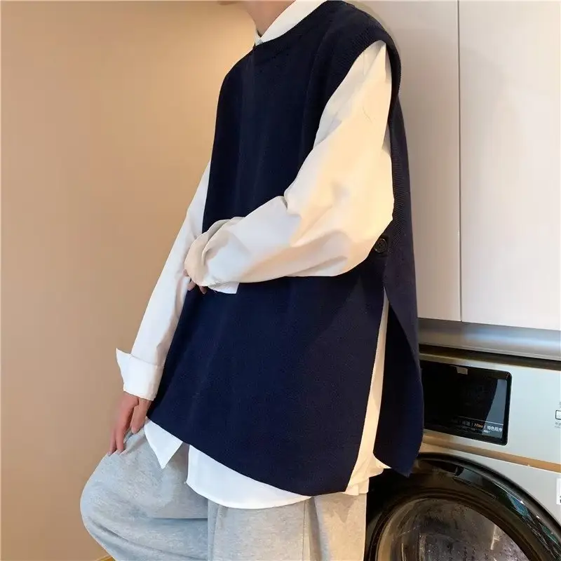 Men's Knitted Sleeveless Vest Navy White Long Sleeve Top — feature 45