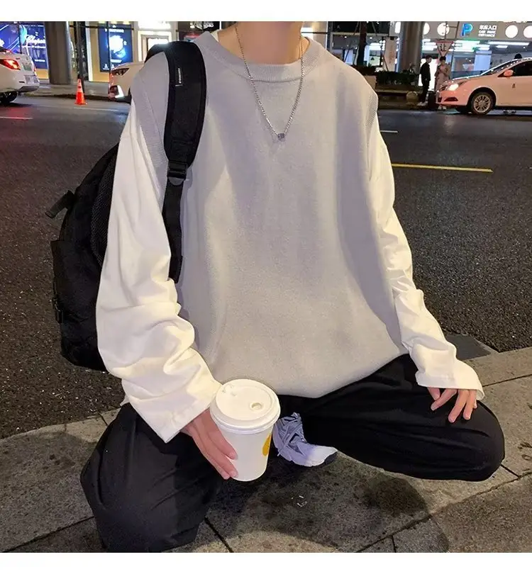 Men's Knitted Sleeveless Vest Navy White Long Sleeve Top — feature 52
