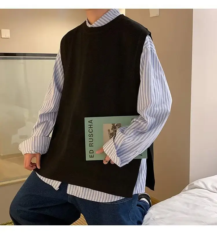 Men's Knitted Sleeveless Vest Navy White Long Sleeve Top — feature 55