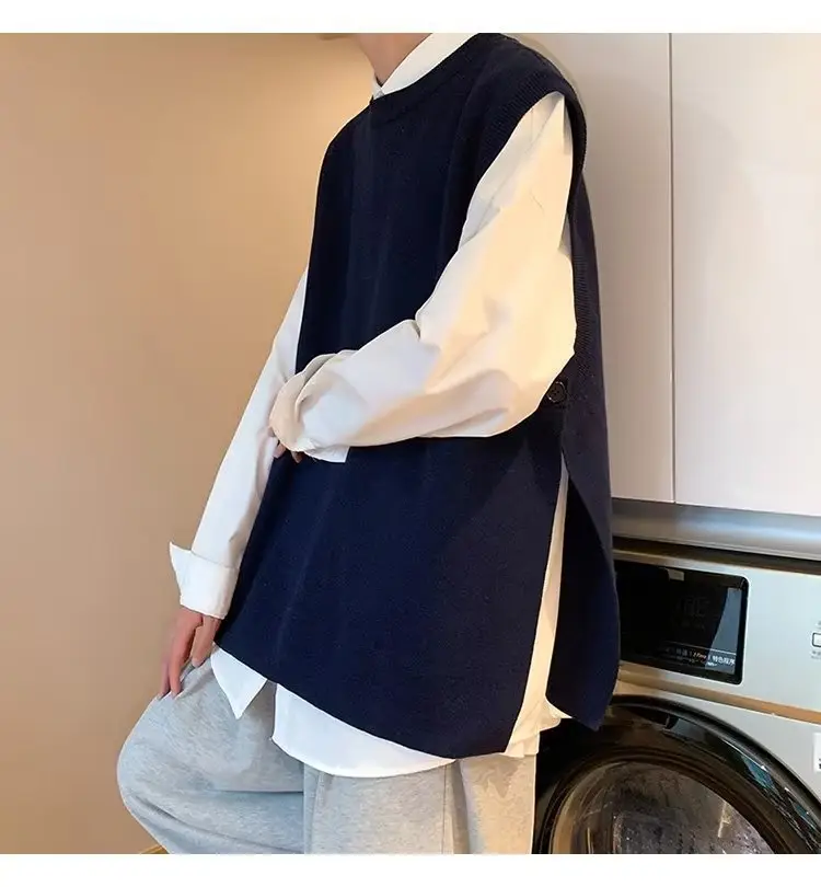 Men's Knitted Sleeveless Vest Navy White Long Sleeve Top — feature 57