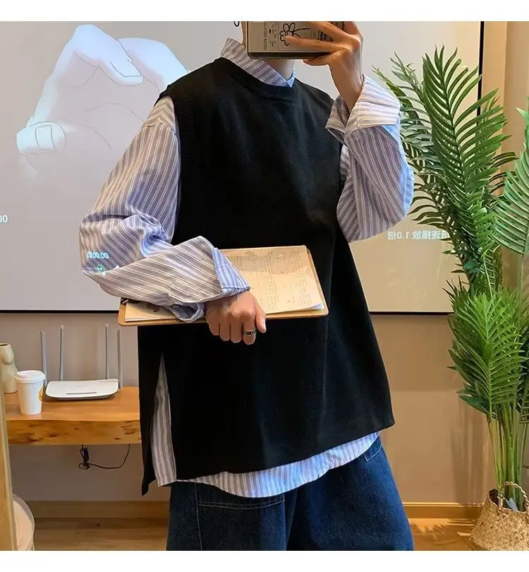 Men's Knitted Sleeveless Vest Navy White Long Sleeve Top — feature 60