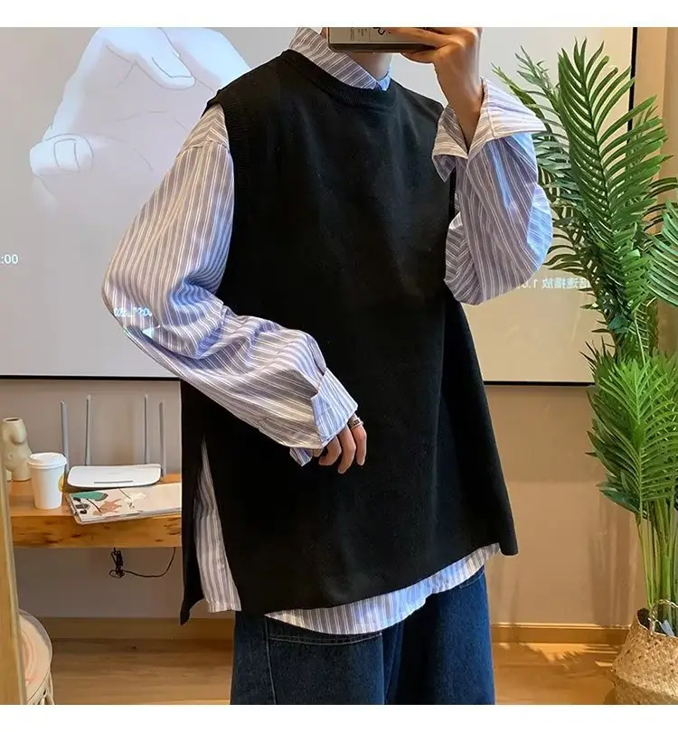 Men's Knitted Sleeveless Vest Navy White Long Sleeve Top — feature 61