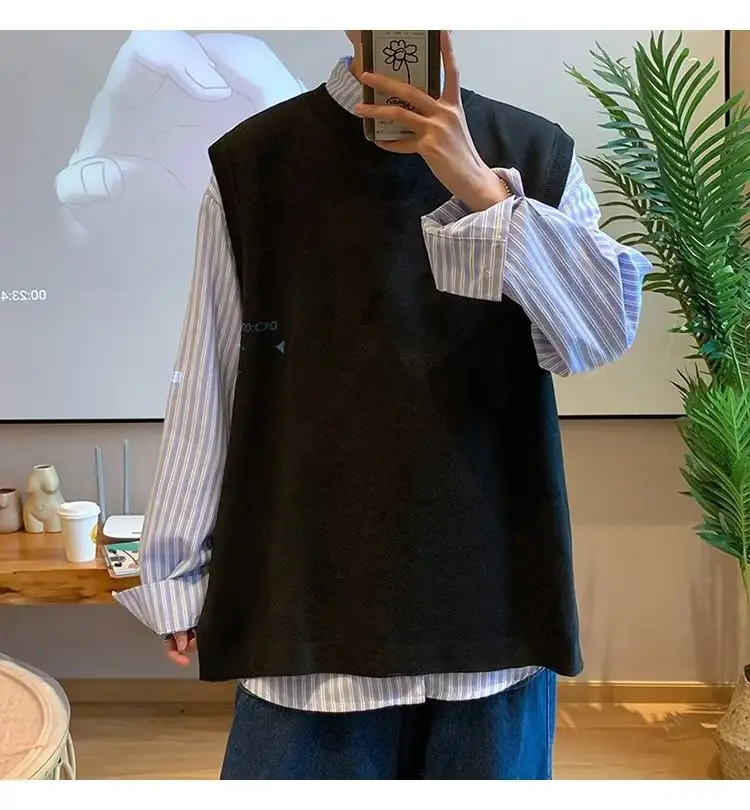Men's Knitted Sleeveless Vest Navy White Long Sleeve Top — feature 62