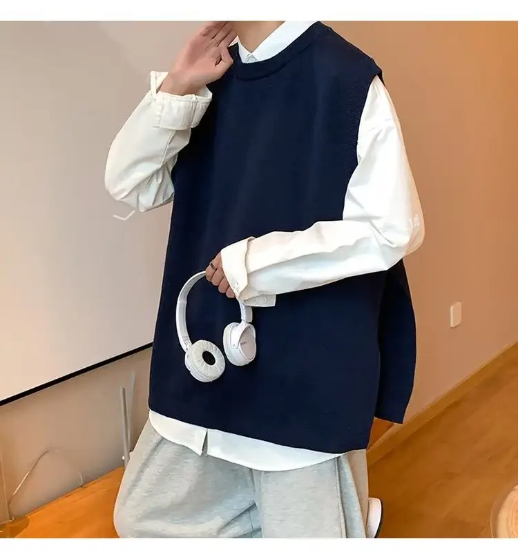 Men's Knitted Sleeveless Vest Navy White Long Sleeve Top — feature 64