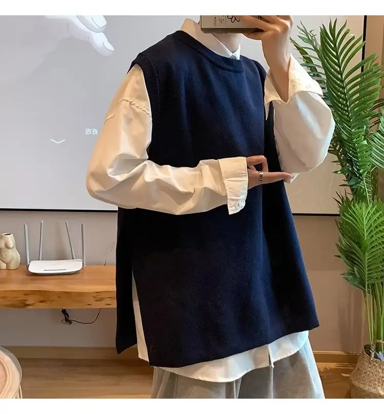 Men's Knitted Sleeveless Vest Navy White Long Sleeve Top — feature 65