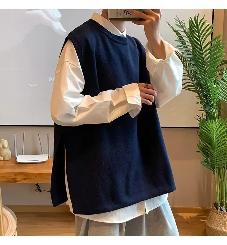 Men's Knitted Sleeveless Vest Navy White Long Sleeve Top — feature 66