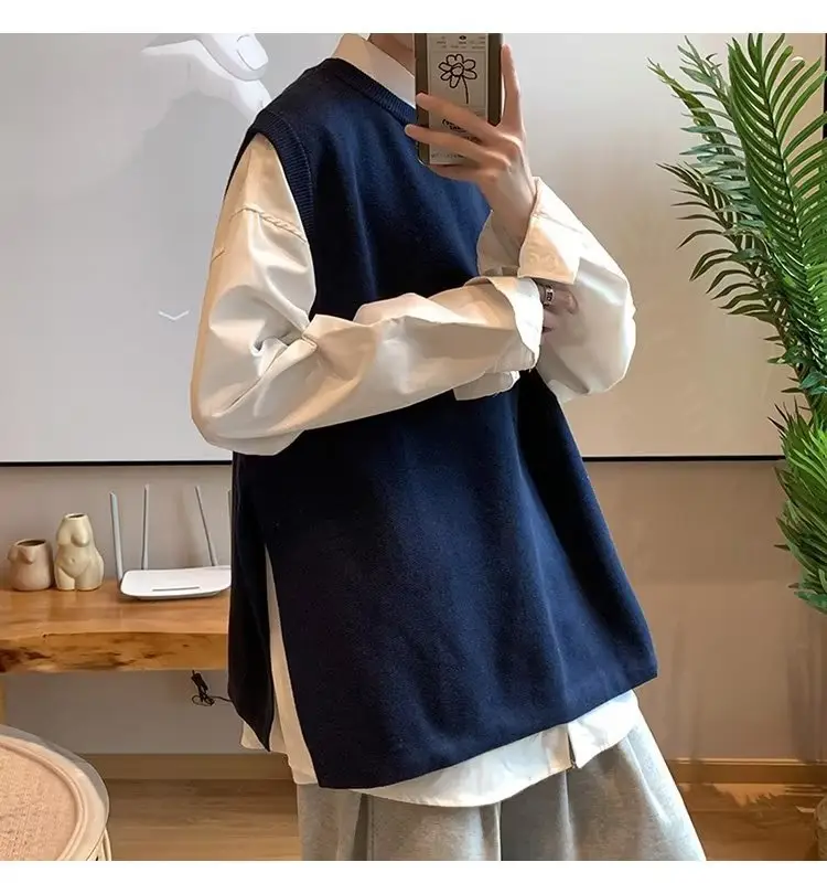 Men's Knitted Sleeveless Vest Navy White Long Sleeve Top — feature 67