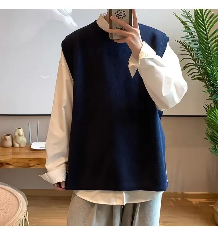 Men's Knitted Sleeveless Vest Navy White Long Sleeve Top — feature 68