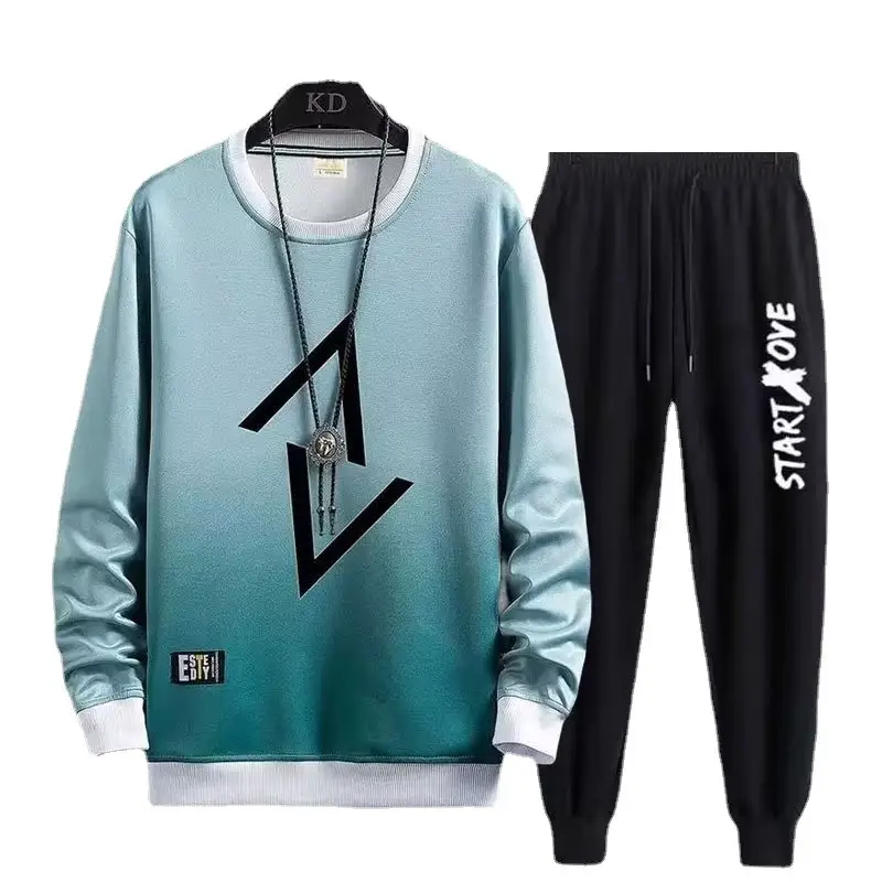 Men Gradient Color V-Back Sweatshirt Set Black Pants - Image 11