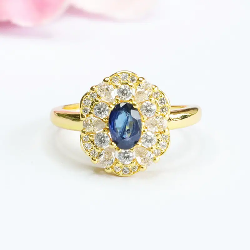 Guan Yu Natural Sapphire Ring Gold Plated Blue Diamond Center