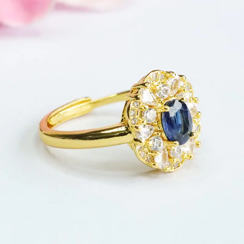 Guan Yu Natural Sapphire Ring Gold Plated Blue Diamond Center