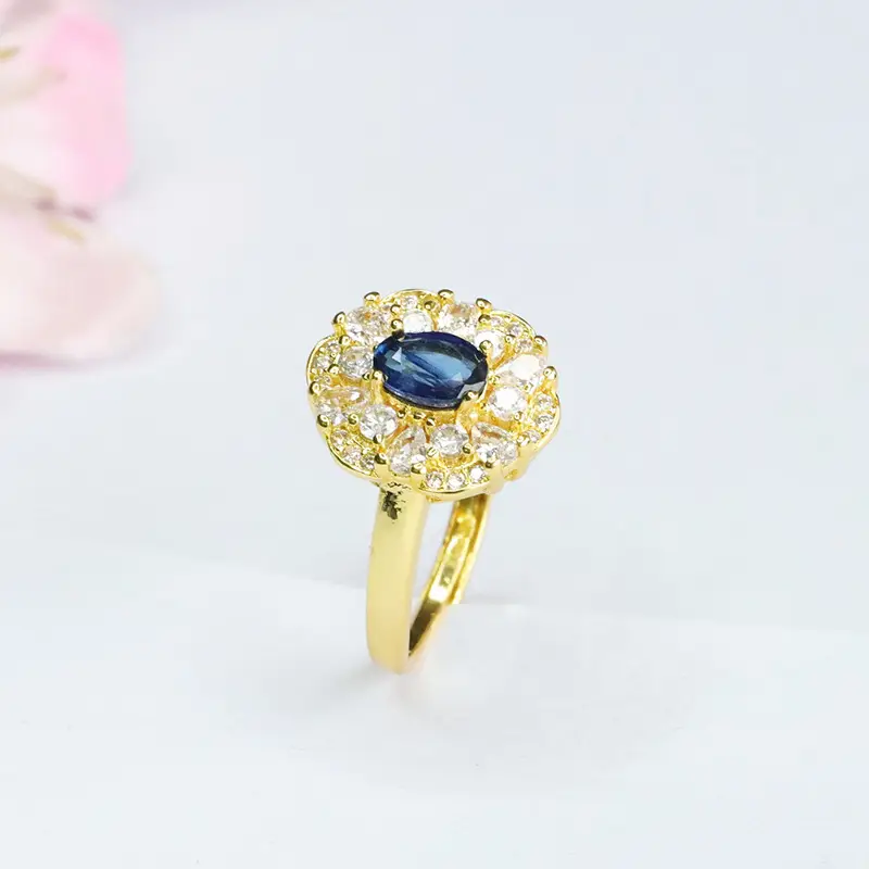 Guan Yu Natural Sapphire Ring Gold Plated Blue Diamond Center