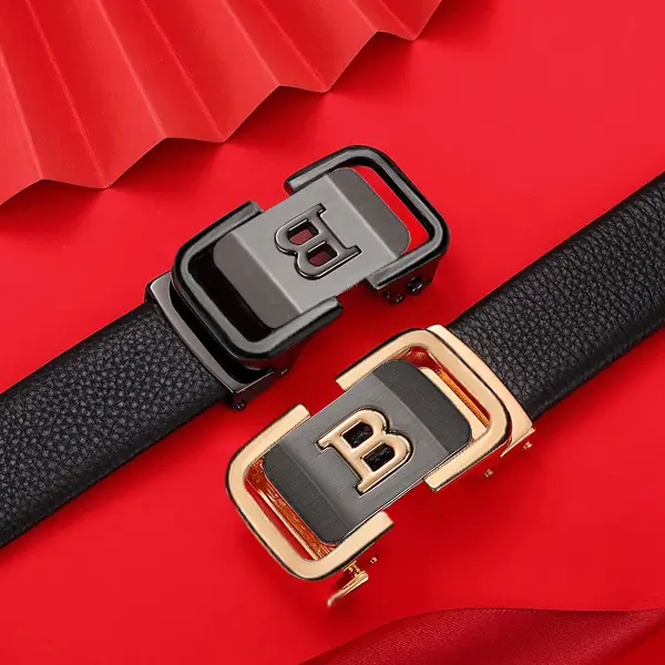 Men's Black Leather Belt with Gold Buckle - Image 3