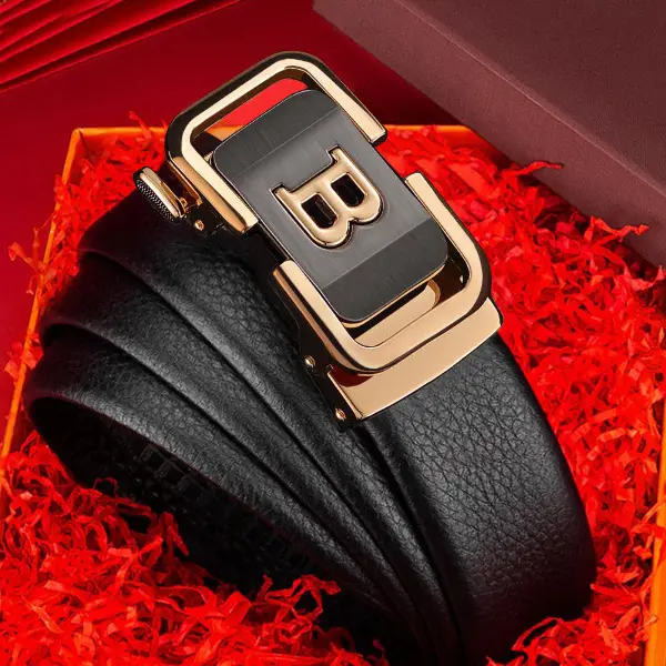 Men's Black Leather Belt with Gold Buckle - Image 4