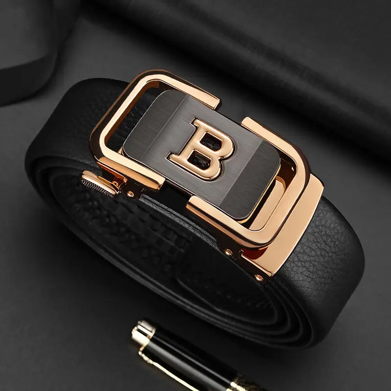 Men's Black Leather Belt with Gold Buckle - Image 6