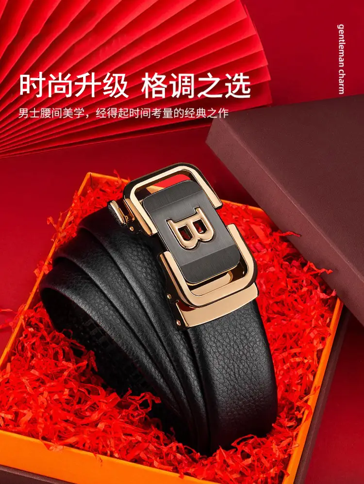 Men's Black Leather Belt with Gold Buckle — feature 1