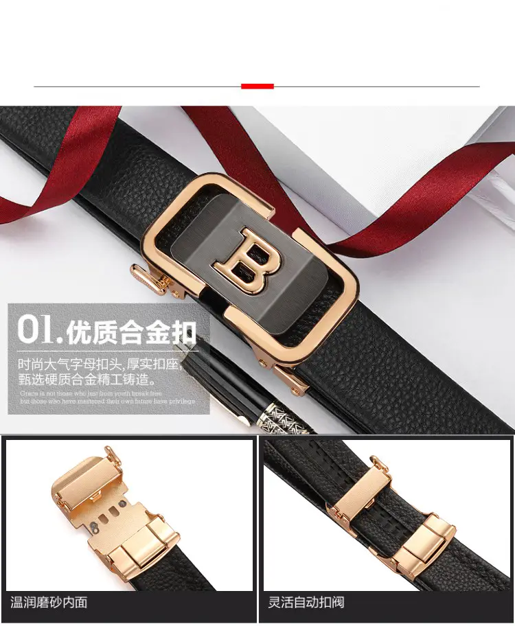 Men's Black Leather Belt with Gold Buckle — feature 6