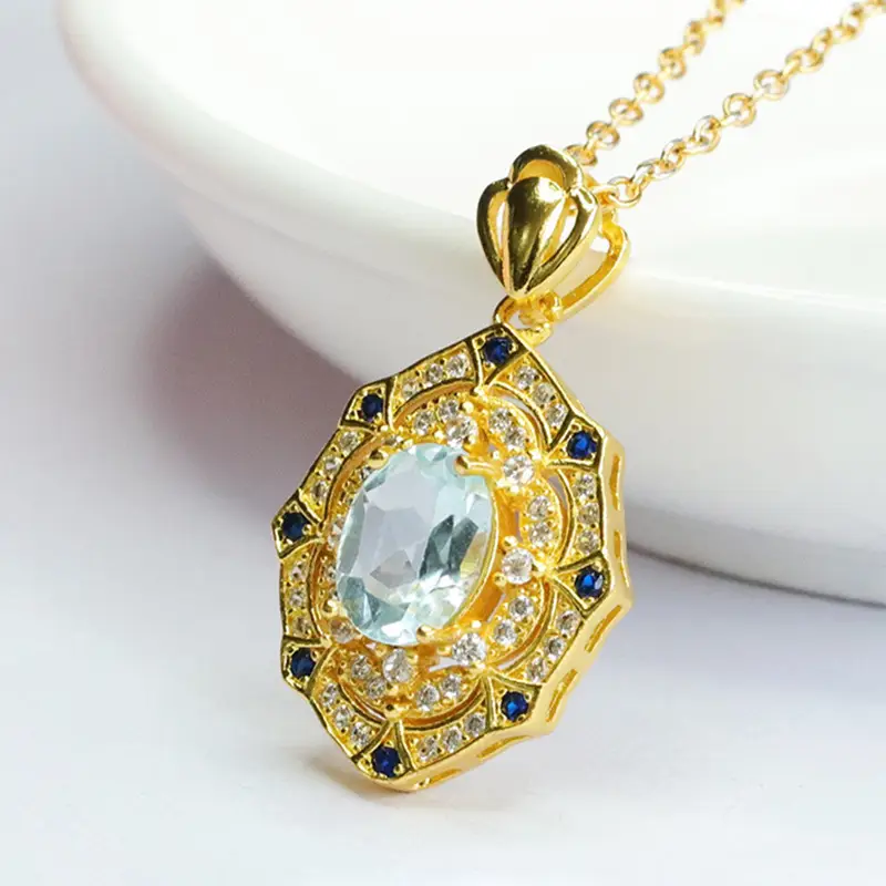 Guan Yu Natural Topaz Pendant Necklace European American Vintage Gemstone