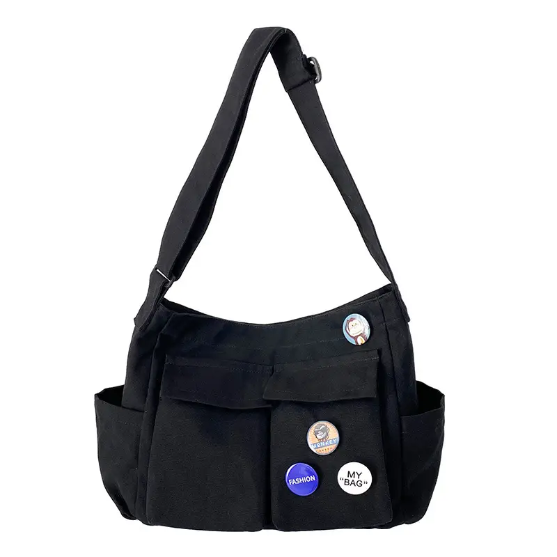 Black Canvas Crossbody Bag for Women Men Large Capacity Travel Bag - Image 3