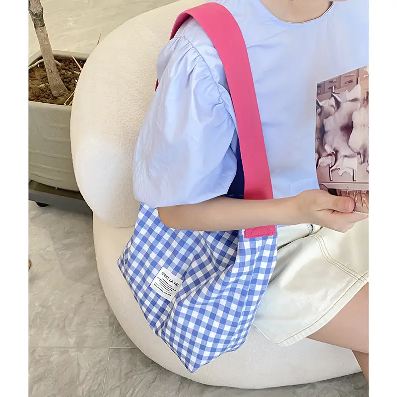 Crossbody Bag Blue Checkered Large Capacity Shoulder Bag - Image 5