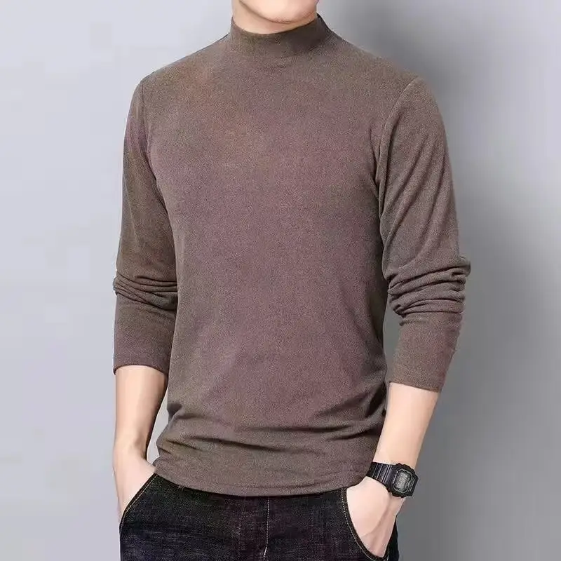 Men Velvet Half Turtleneck Warm T-Shirt Black Brown