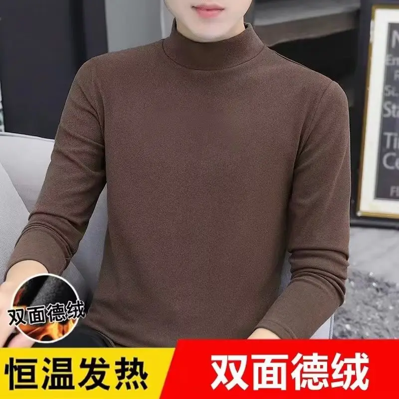 Men Velvet Half Turtleneck Warm T-Shirt Black Brown