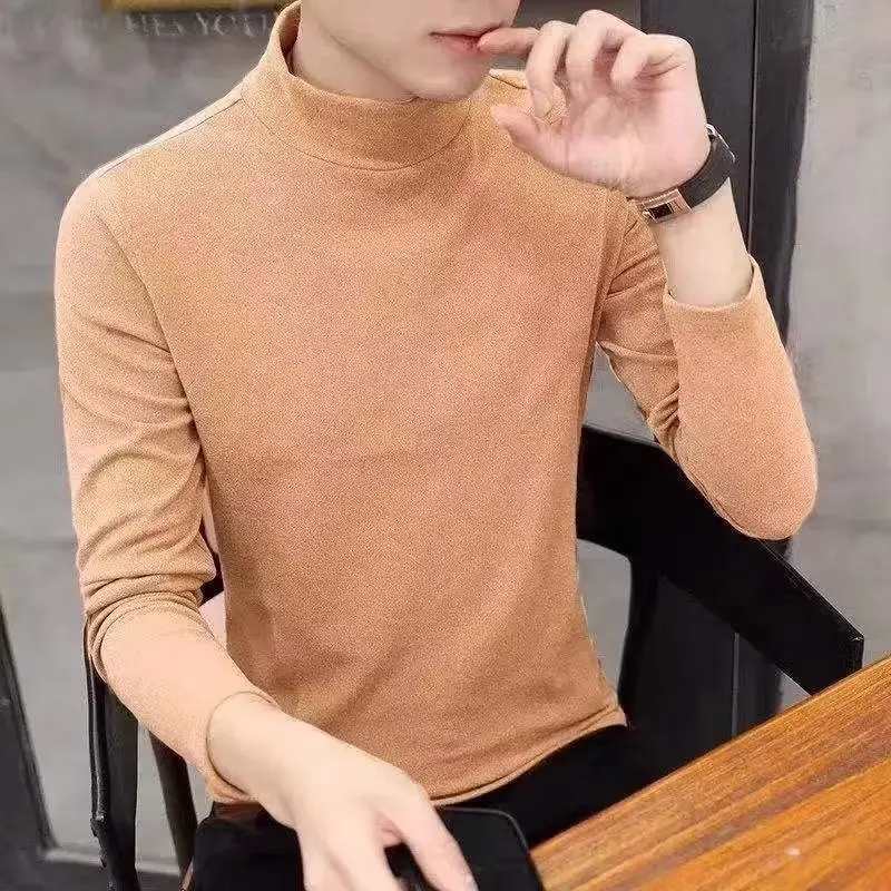 Men Velvet Half Turtleneck Warm T-Shirt Black Brown