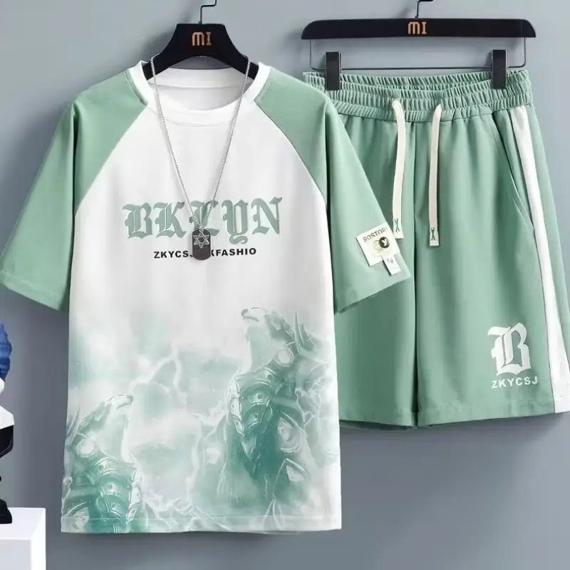 Men's Waffle Print Ice Silk Shorts Set Green White