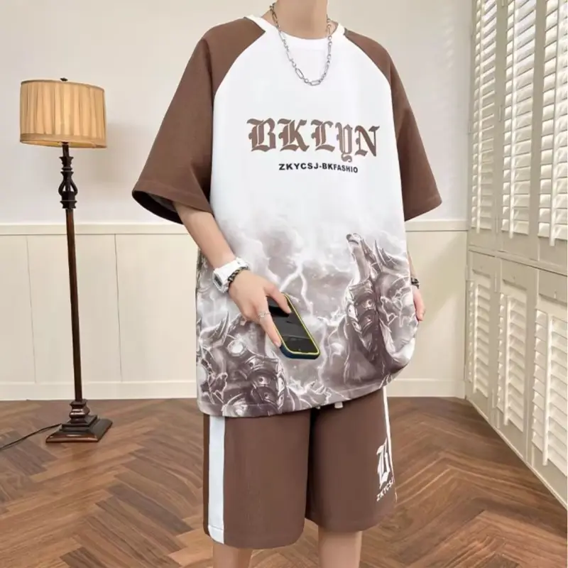 Men's Waffle Print Ice Silk Shorts Set Green White