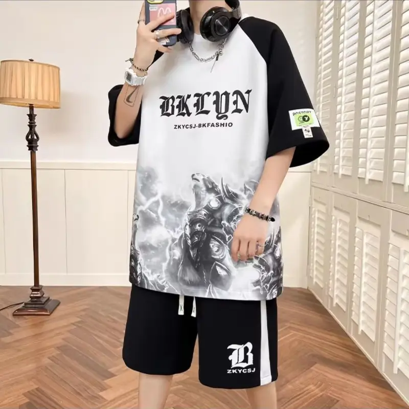 Men's Waffle Print Ice Silk Shorts Set Green White
