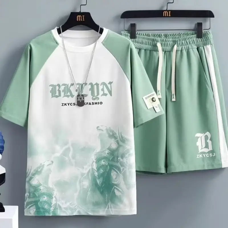 Men's Waffle Print Ice Silk Shorts Set Green White