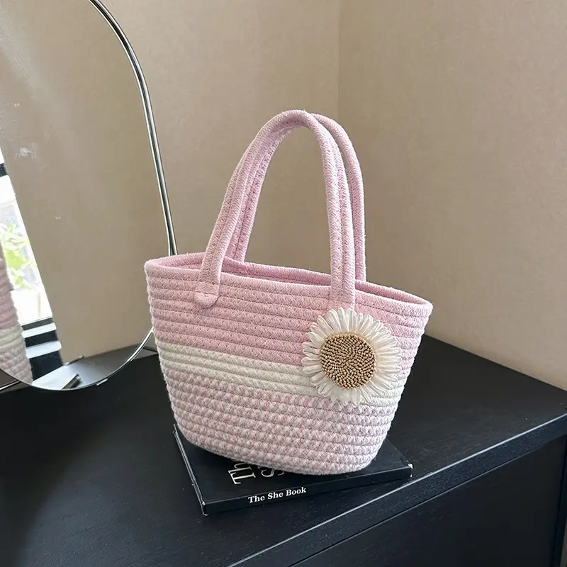 Women's Straw Bow Shoulder Bag Gray White - Image 8